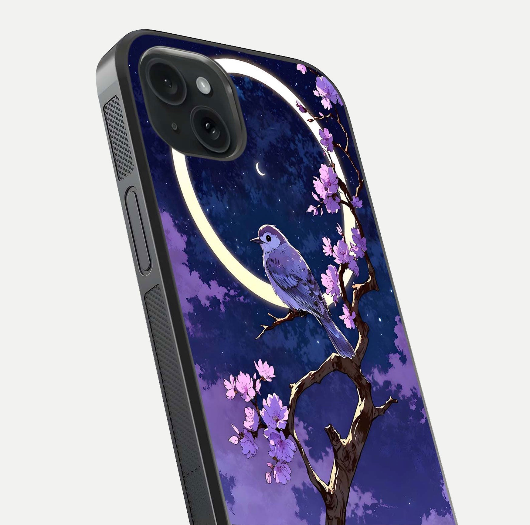 Celestial Bird Blossom Glass Case for iPhone 15 Plus close-up capturing bird detail, petal reflection, and gloss shine