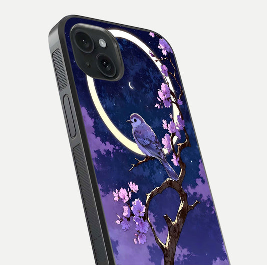 Celestial Bird Blossom Glass Case for iPhone 15 Plus close-up capturing bird detail, petal reflection, and gloss shine