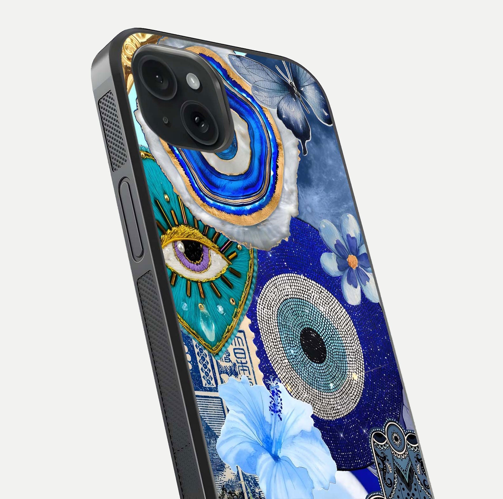 Celestial Blue Vision Glass Case for iPhone 15 Plus close-up shot highlighting reflection details and smooth edge polish