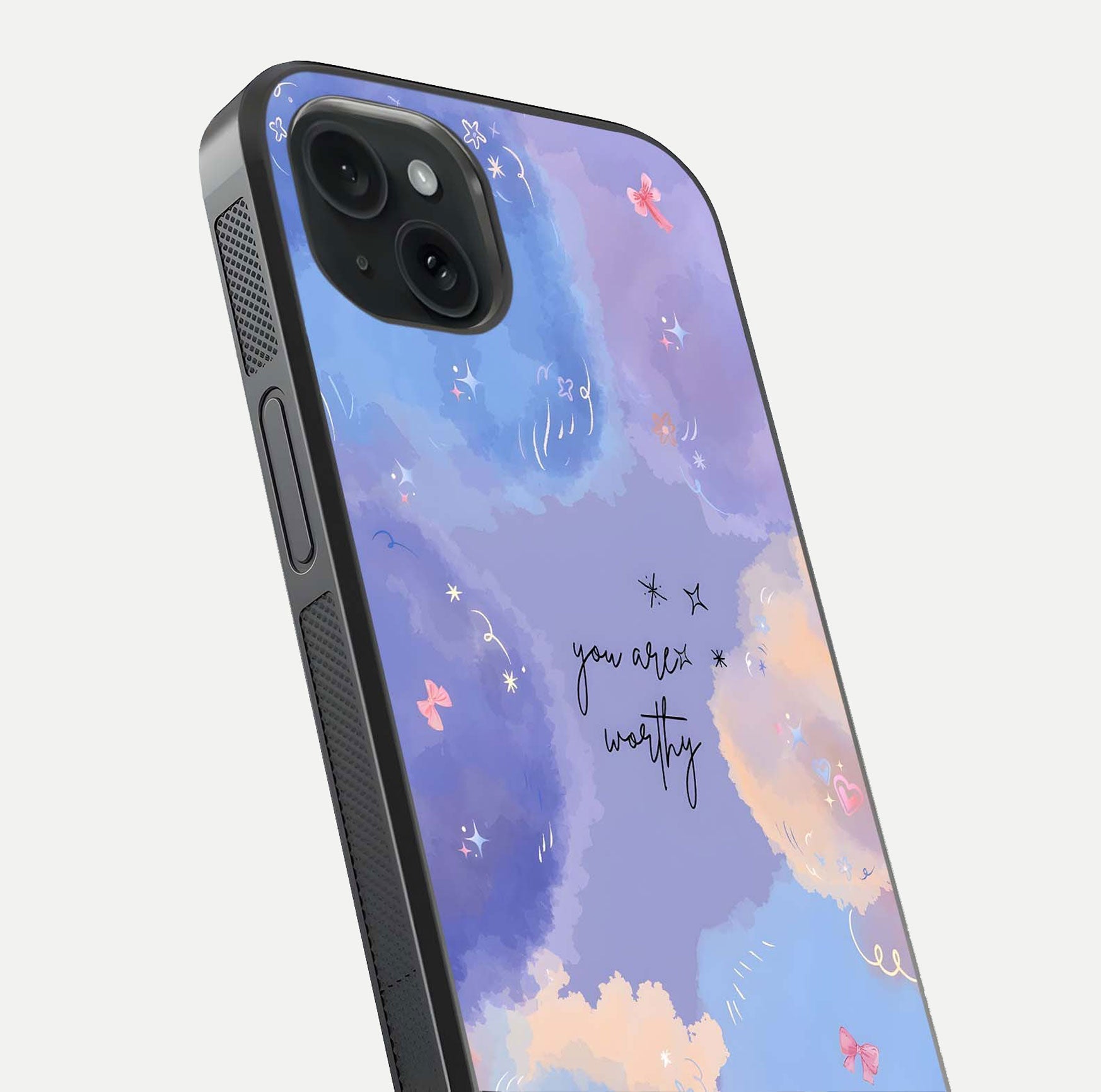 Celestial Cloud Magic Glass Case for iPhone 15 Plus close-up highlighting smooth gradient and gloss surface