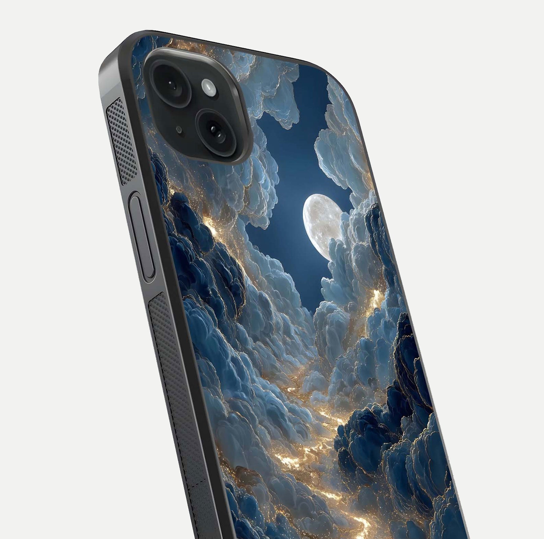 Celestial Cloud Road Glass Case for iPhone 15 Plus close-up view showing road gradient and cloud reflection shine