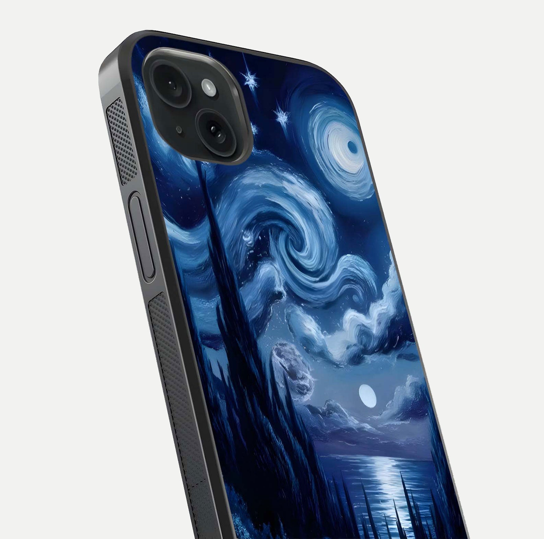 Celestial Dream Van Gogh Glass Case for iPhone 15 Plus close-up view capturing vivid brush details and star reflection