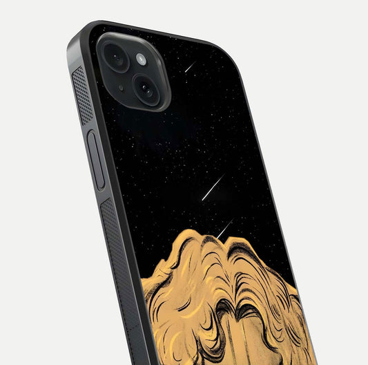 Celestial God’s Plan Glass Case for iPhone 15 Plus close-up angled shot highlighting celestial details and reflection