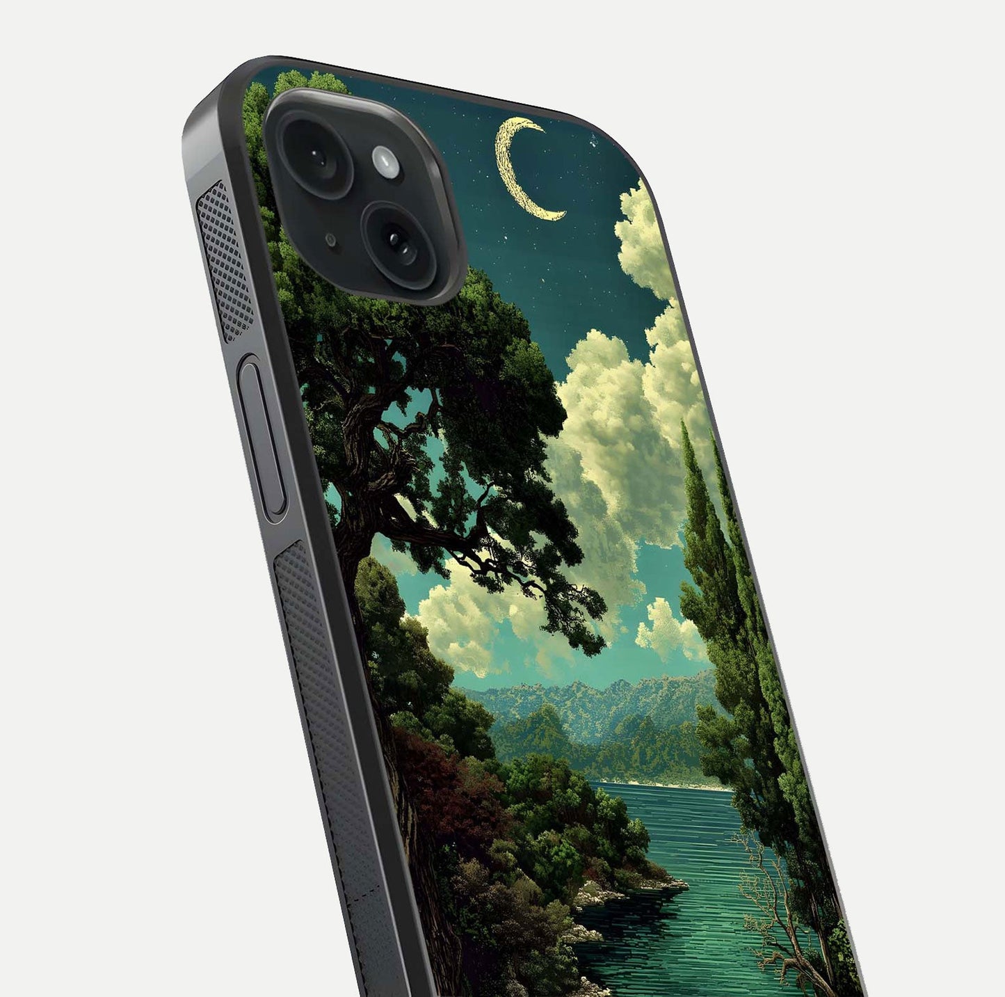 Celestial Lake Peace Glass Case for iPhone 15 Plus close-up highlighting moon reflection and glossy texture