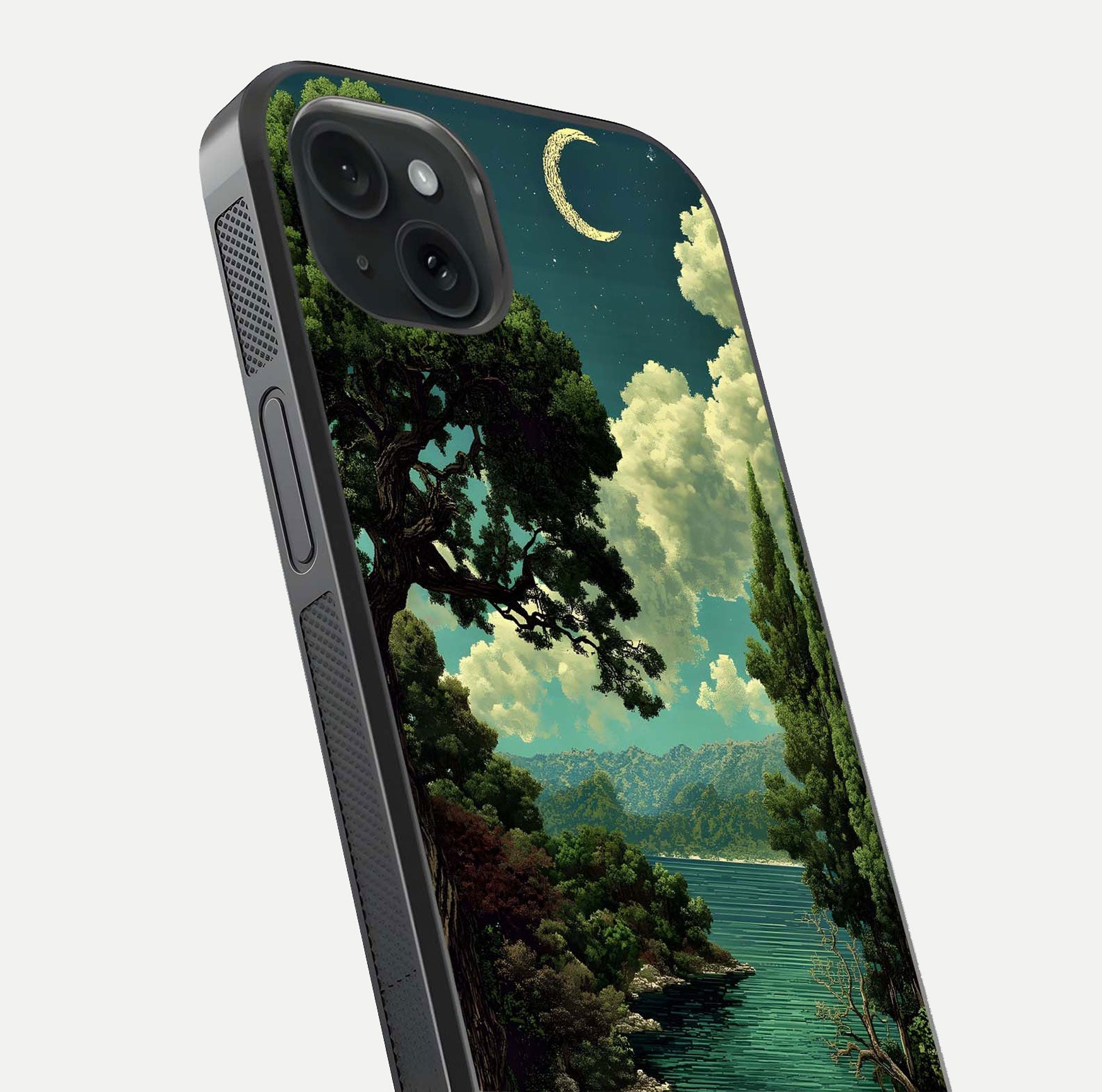 Celestial Lake Peace Glass Case for iPhone 15 Plus close-up highlighting moon reflection and glossy texture