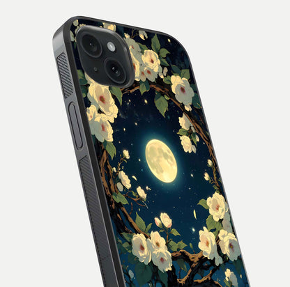 Celestial Moon & Flower Glass Case for iPhone 15 Plus close-up capturing petal reflection and moonlight contrast