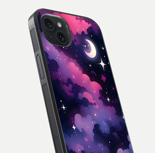 Celestial Moon Magic Glass Case for iPhone 15 Plus close-up view highlighting moon crater detail and glass shine