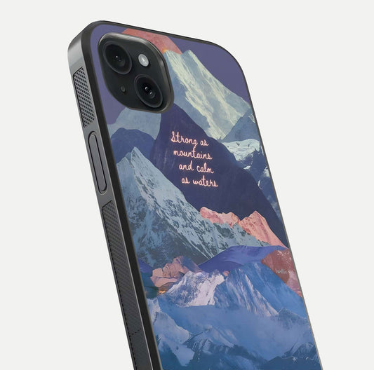 Celestial Mountain Calm Glass Case for iPhone 15 Plus close-up showing peak reflection and HD gloss texture