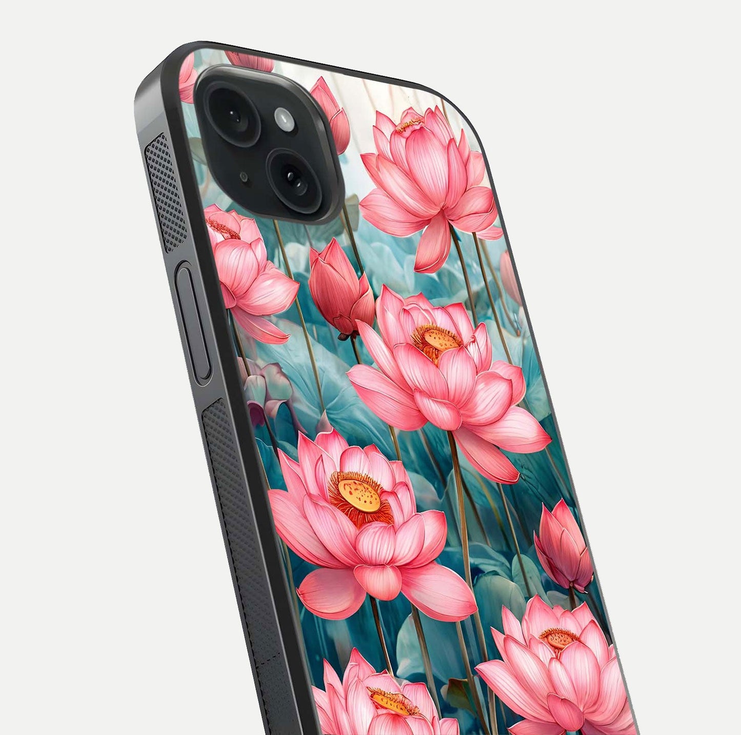 Celestial Pink Lotus Glass Case for iPhone 15 Plus close-up highlighting petal detail and HD glass reflection