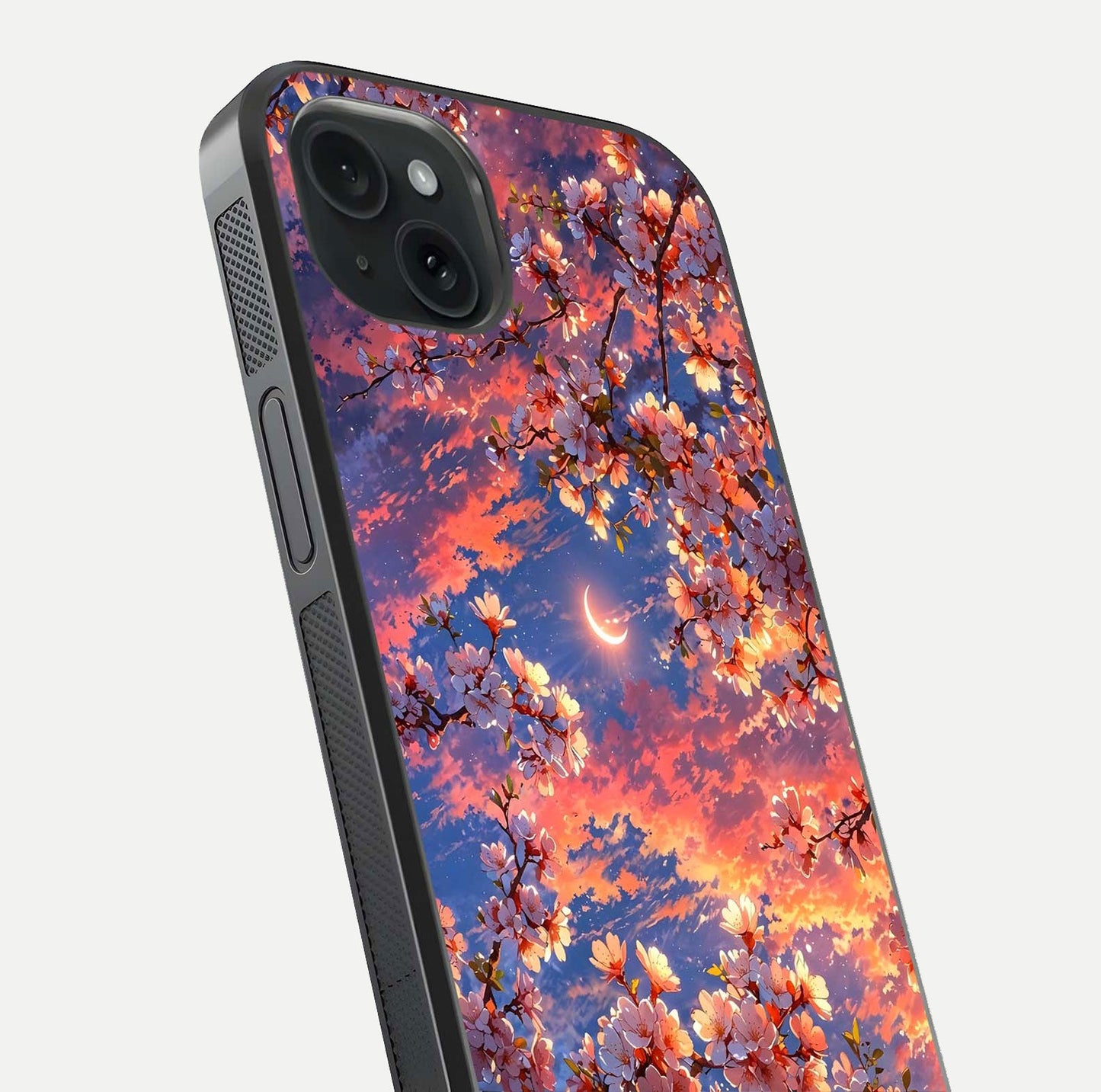 Celestial Sakura Sunset Glass Case for iPhone 15 Plus close-up image highlighting blossom petals and gloss shine