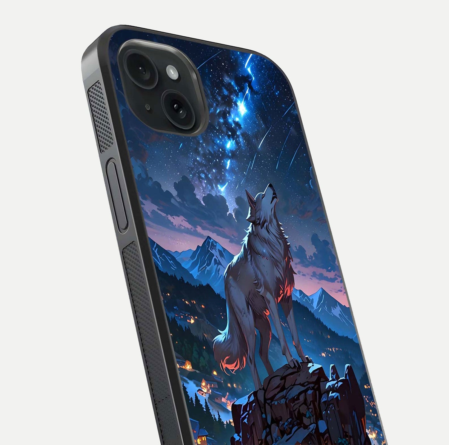 Celestial Wolf Howl Glass Case for iPhone 15 Plus close-up showing wolf silhouette and glowing moon reflection