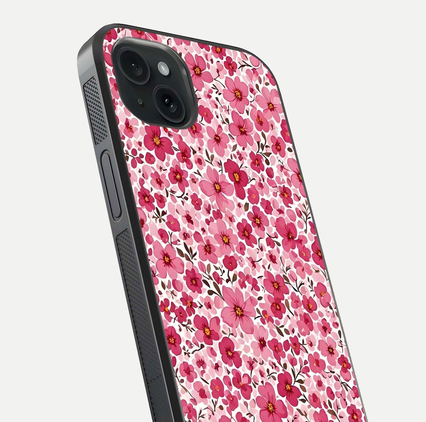 Cherry Blossom Charm Glass Case for iPhone 15 Plus close-up highlighting petal gradient and reflection shine