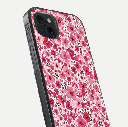 Cherry Blossom Charm Glass Case for iPhone 15 Plus close-up highlighting petal gradient and reflection shine