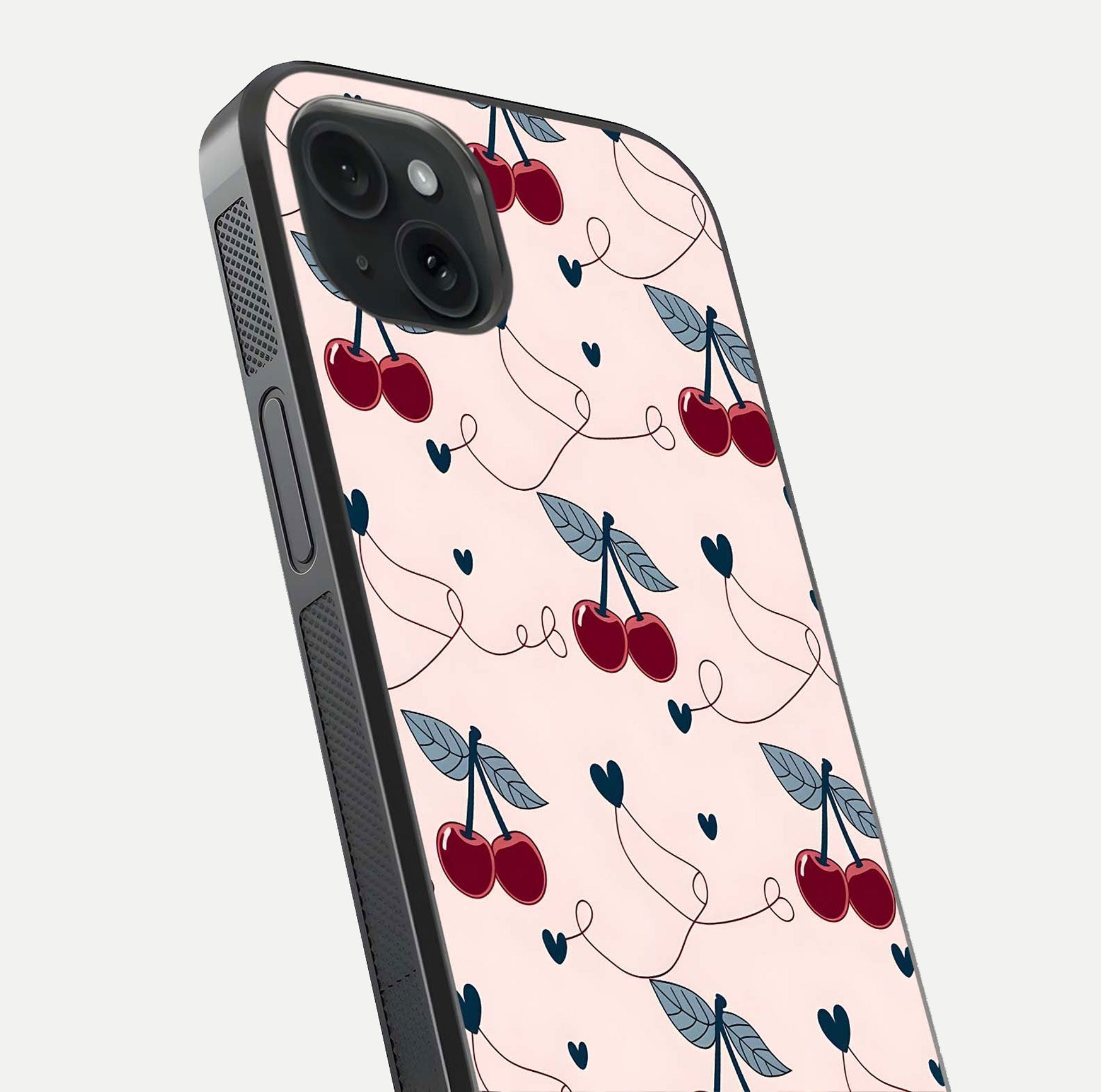 Cherry Heart Line Glass Case for iPhone 15 Plus close-up showing heart outline and HD reflection gloss