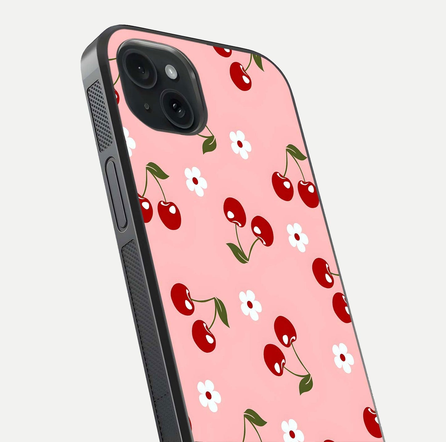 Cherry Love Mood Glass Case for iPhone 15 Plus close-up highlighting cherry heart pattern and reflection shine