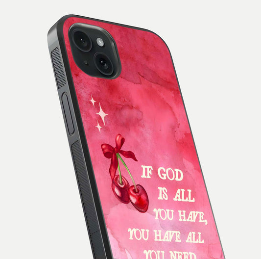 Cherry Quote Glass Case for iPhone 15 Plus close-up showing printed quote detail and HD reflection gloss