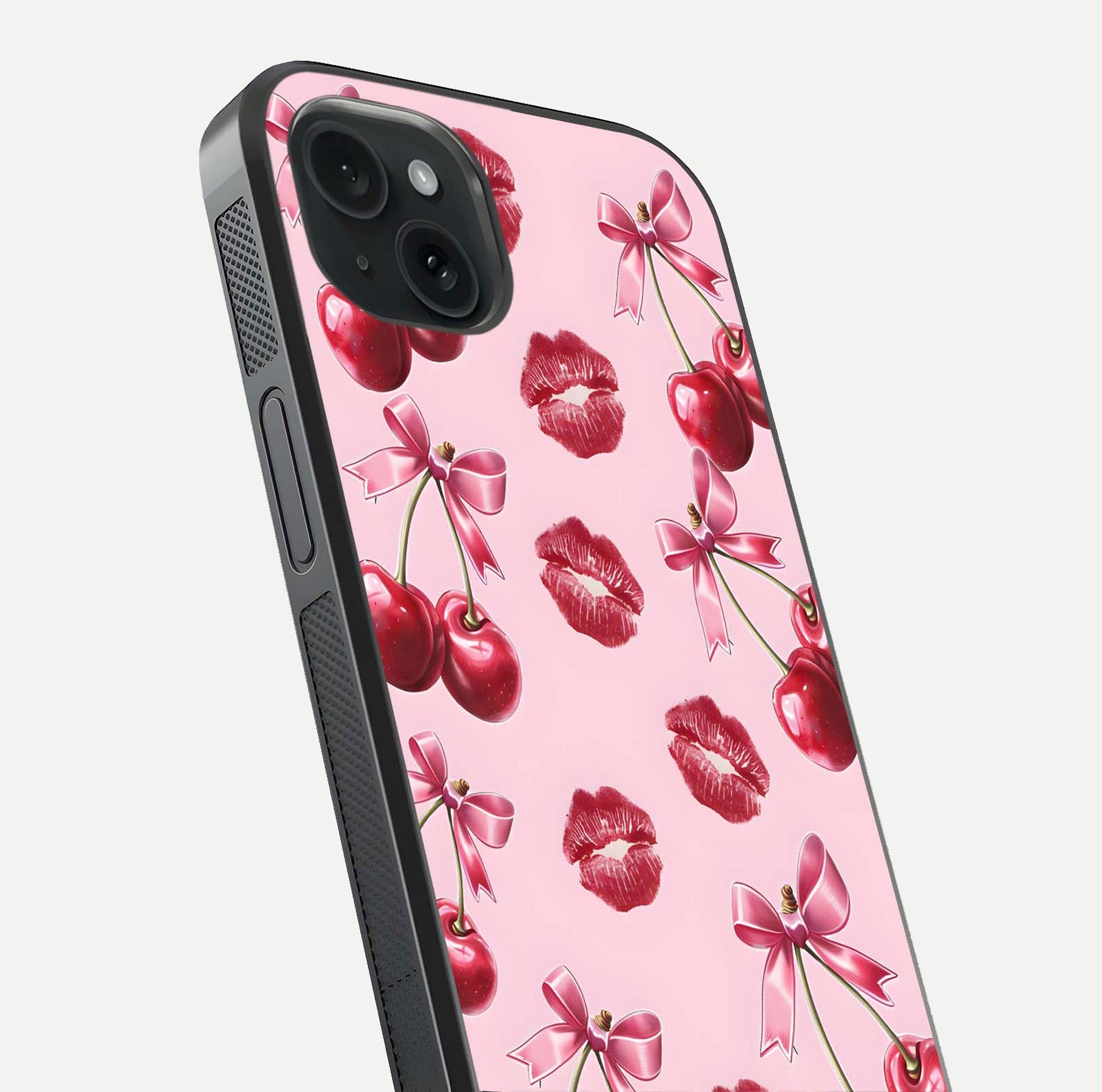 Cherry With Lips Glass Case for iPhone 15 Plus close-up view highlighting lips texture and reflection shine