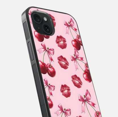 Cherry With Lips Glass Case for iPhone 15 Plus close-up view highlighting lips texture and reflection shine