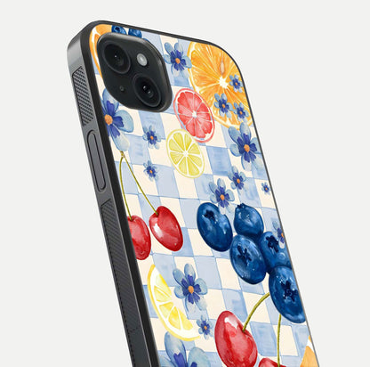 Citrus Bloom Joy Glass Case for iPhone 15 Plus close-up highlighting orange blossoms and reflection detail