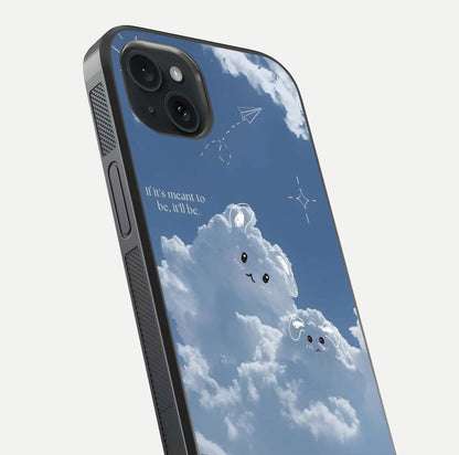 Cloud Bunny Dreams Glass Case for iPhone 15 Plus close-up showing bunny art, dreamy clouds, and HD shine