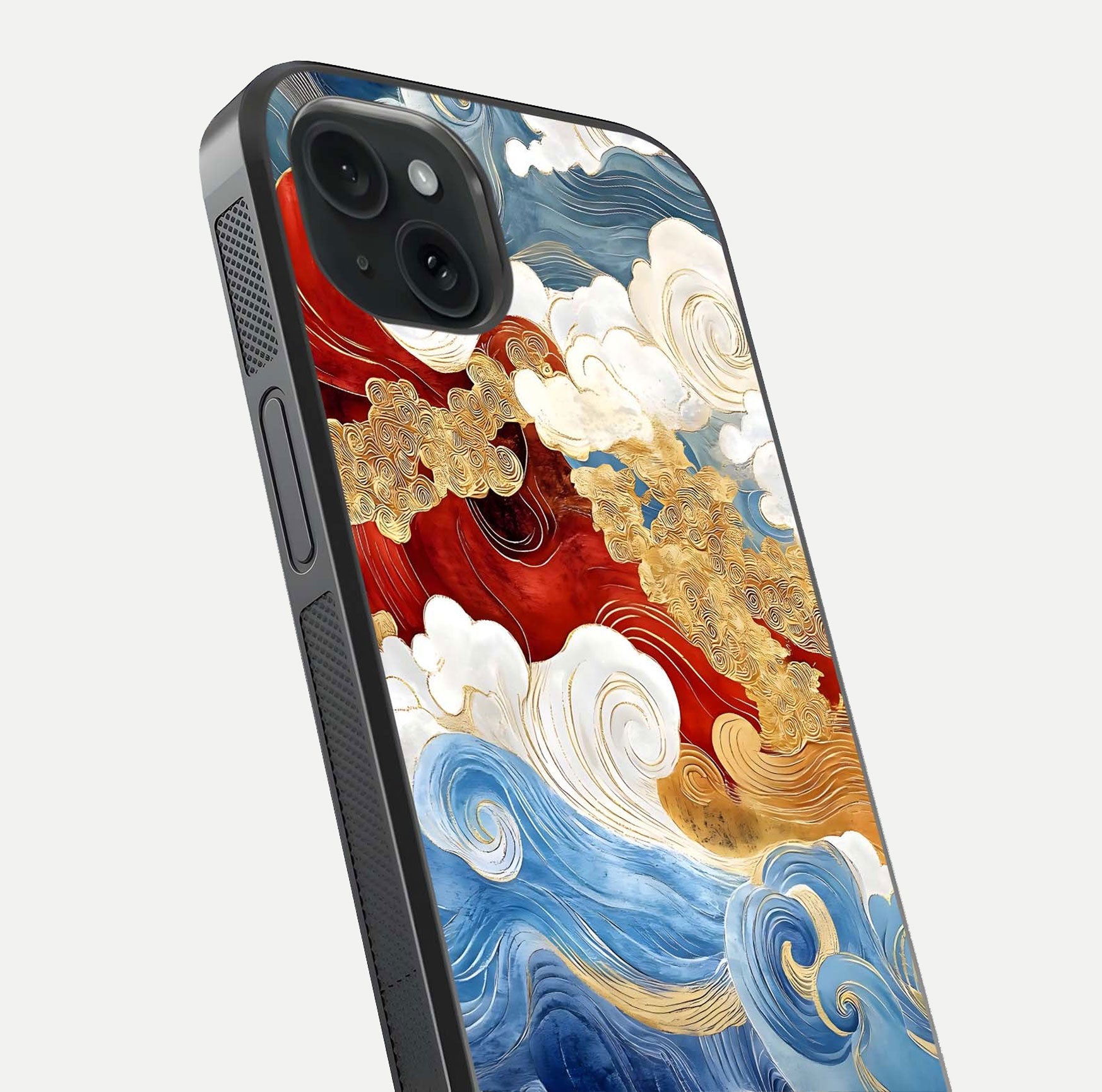 Colored Waves Glass Case for iPhone 15 Plus close-up angled shot highlighting gradient flow and light reflection