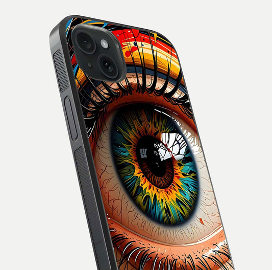 Colorful Eye Glass Case for iPhone 15 Plus close-up highlighting eye pattern detail and reflection shine
