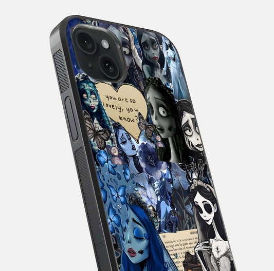 Corpse Bride Posters Glass Case for iPhone 15 Plus close-up highlighting detailed artwork and reflection polish