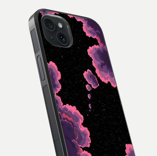 Cosmic Cloud Journey Glass Case for iPhone 15 Plus close-up highlighting star clusters and reflection texture