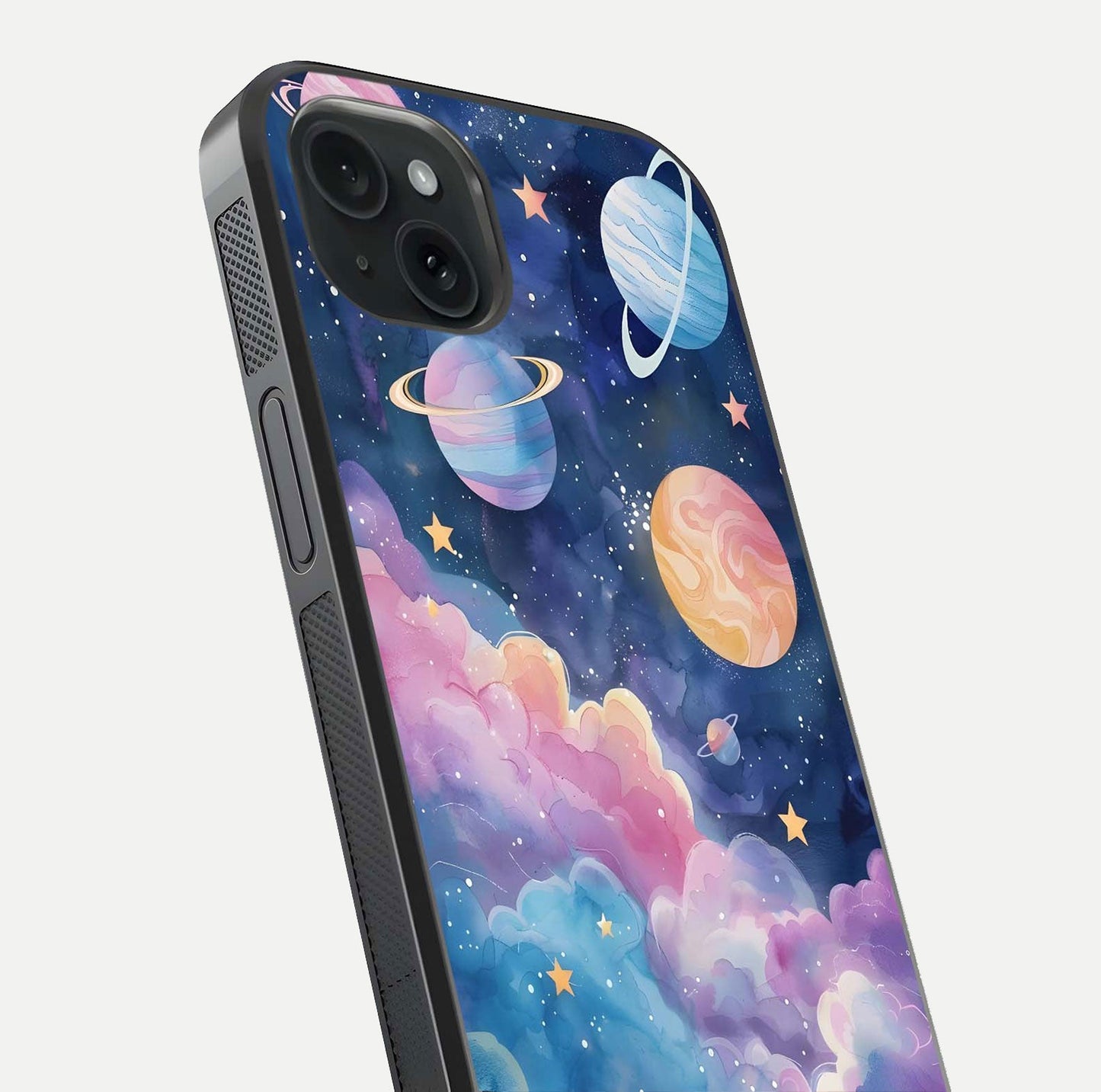 Cosmic Planet Dreams Glass Case for iPhone 15 Plus close-up highlighting planetary details and reflection glow