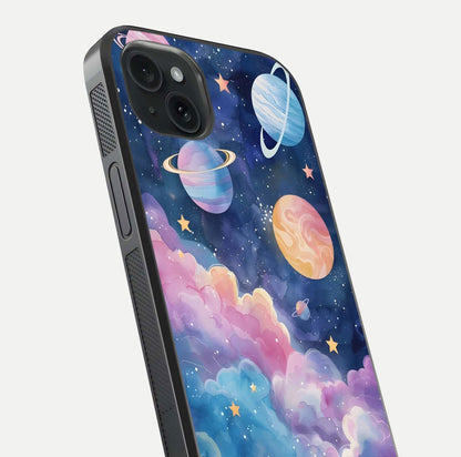 Cosmic Planet Dreams Glass Case for iPhone 15 Plus close-up highlighting planetary details and reflection glow