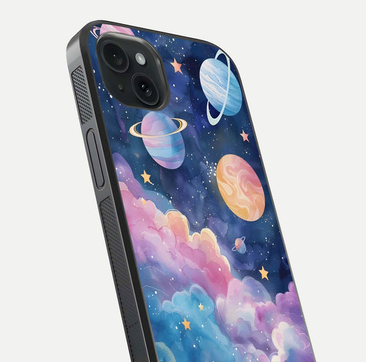 Cosmic Planet Dreams Glass Case for iPhone 15 Plus close-up highlighting planetary details and reflection glow