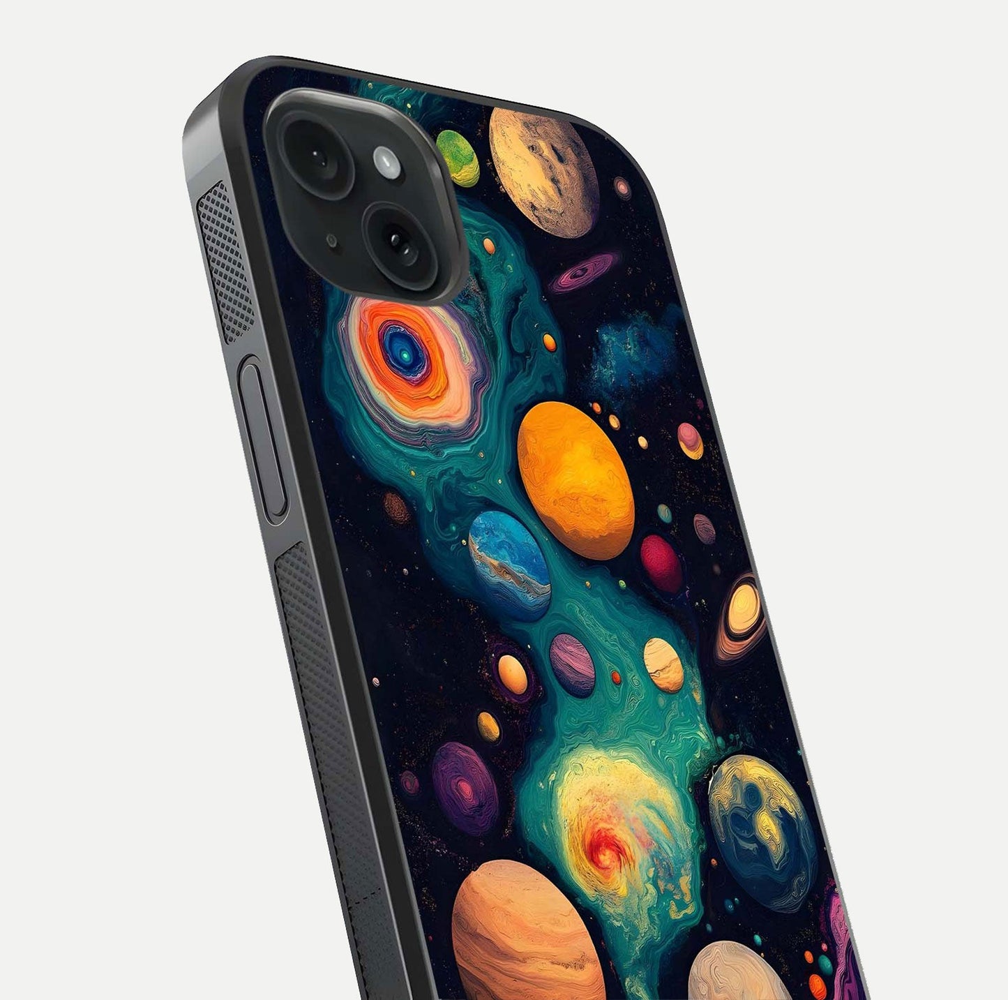Cosmic Planet Journey Glass Case for iPhone 15 Plus close-up highlighting planets, stars, and shine reflection