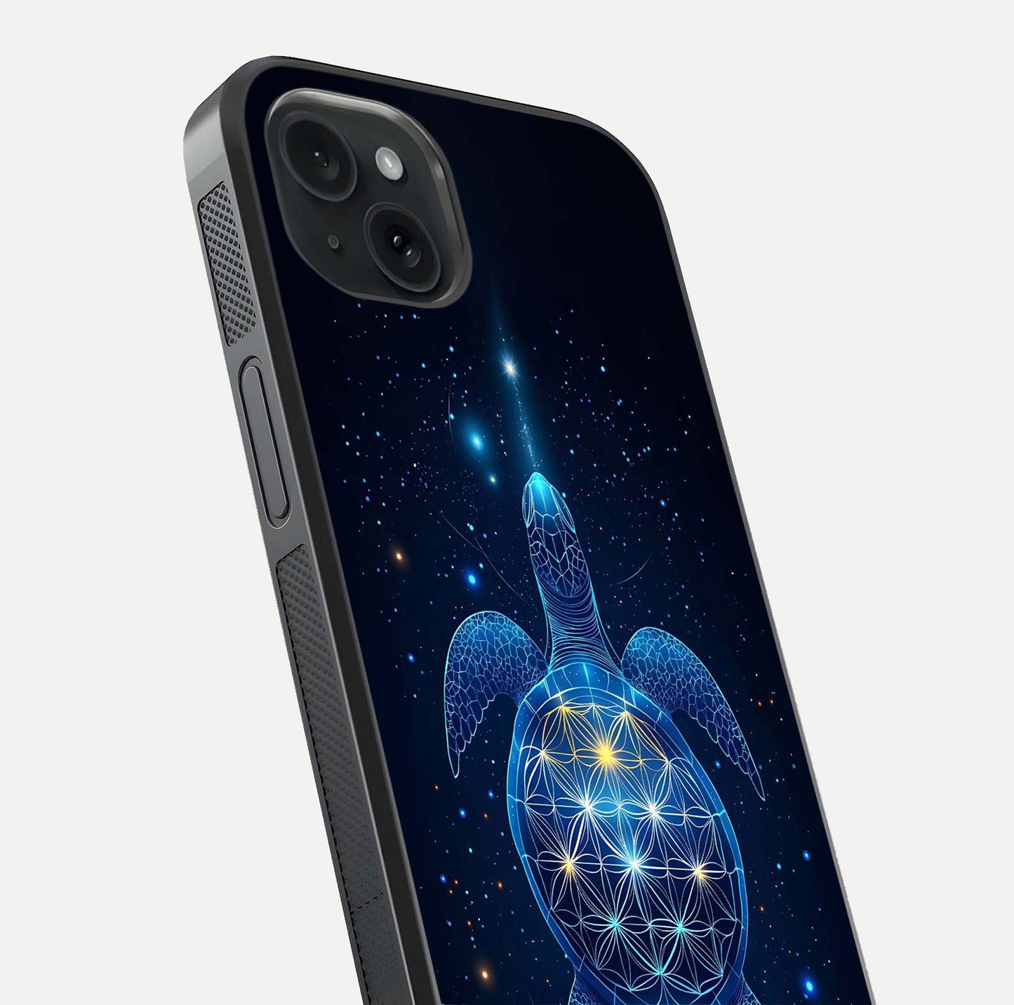 Crimson Blue Turtle Glass Case for iPhone 15 Plus close-up highlighting turtle shell detail and shine reflection