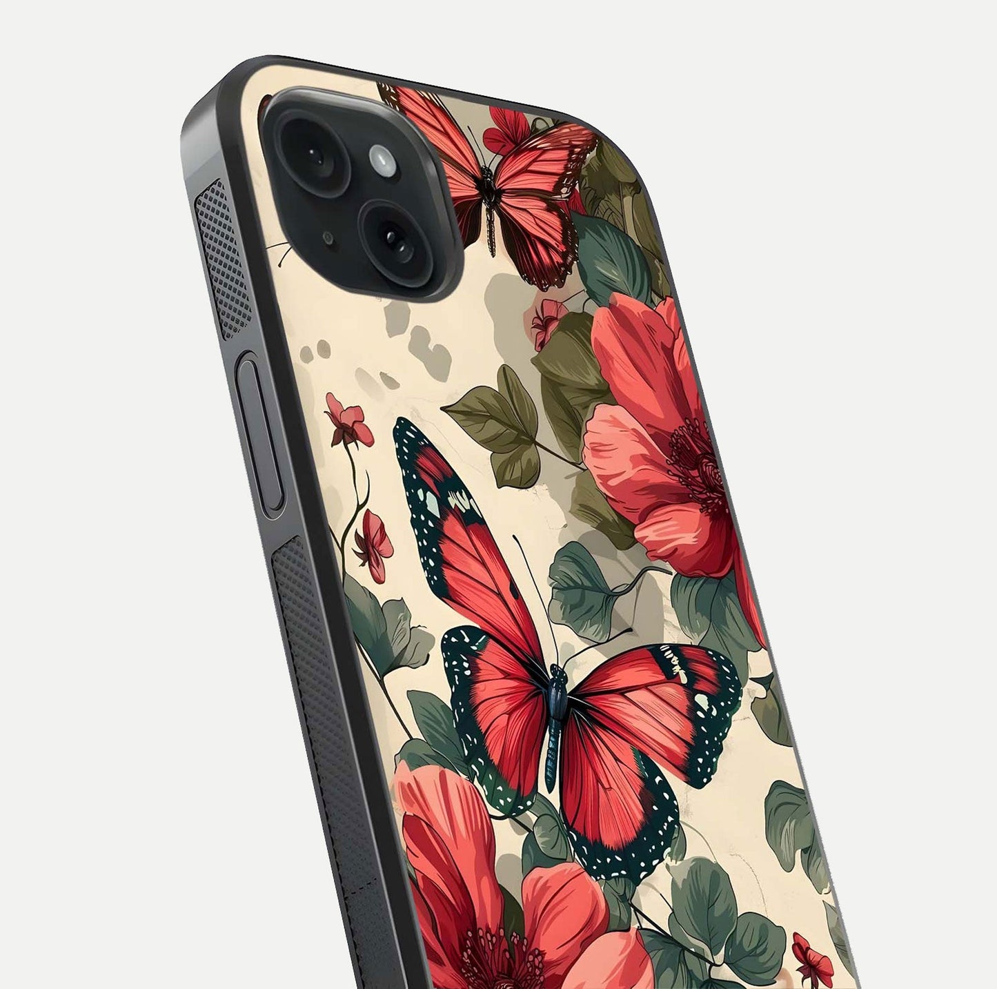 Crimson Butterfly Garden Glass Case for iPhone 15 Plus close-up showing wing detail and reflection shine