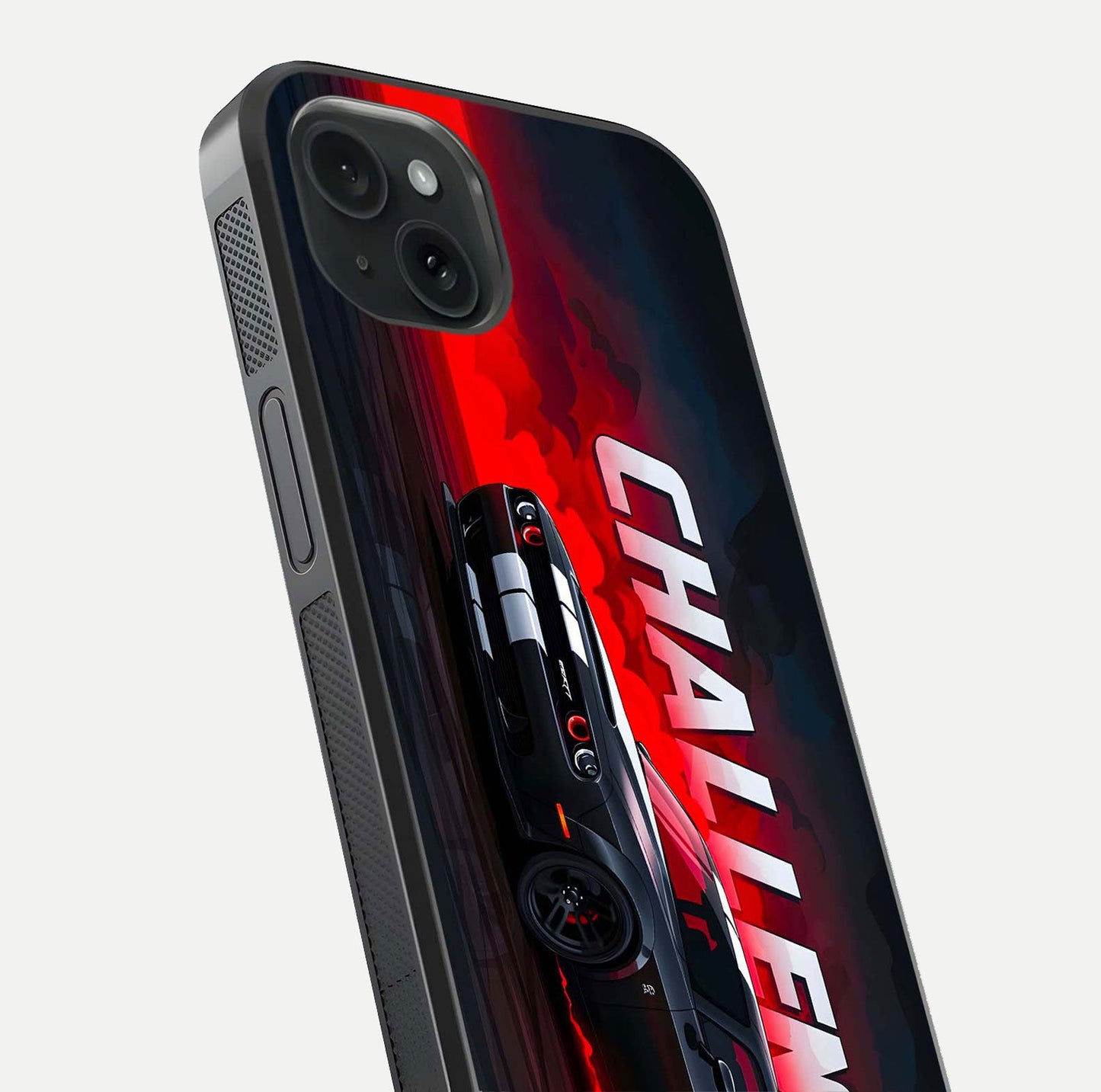 Crimson Challenger Fury Glass Case for iPhone 15 Plus close-up highlighting car details and reflection depth