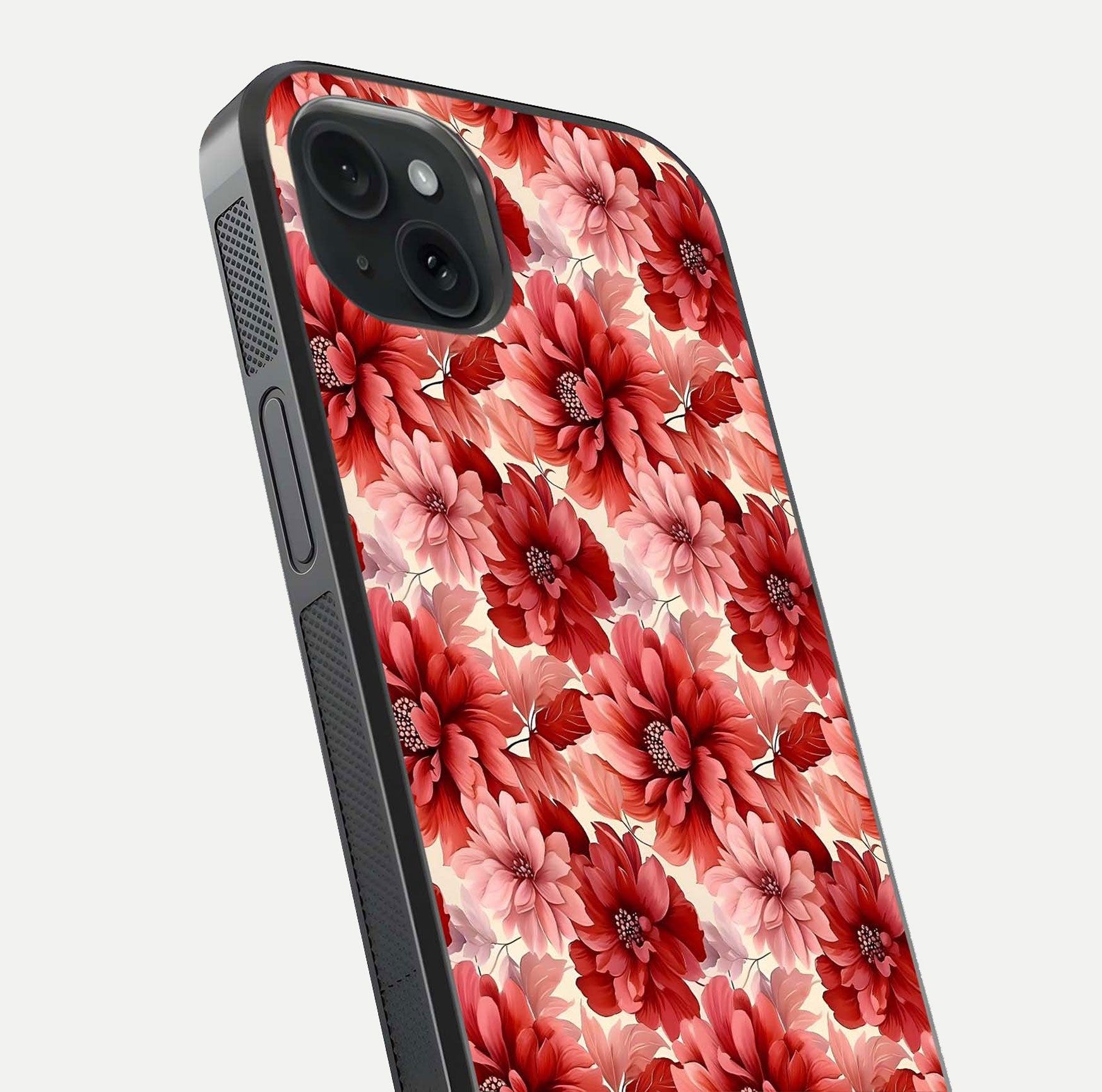 Crimson Love Petals Glass Case for iPhone 15 Plus close-up highlighting petal texture and light reflection