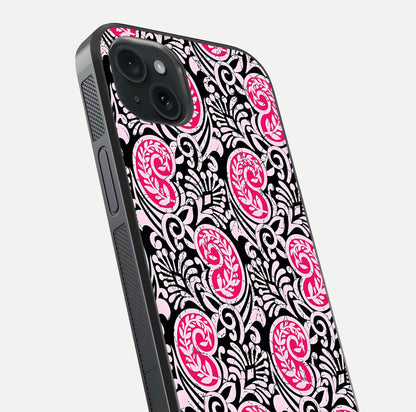 Crimson Paisley Charm Glass Case for iPhone 15 Plus close-up highlighting fine pattern detail and reflection tone