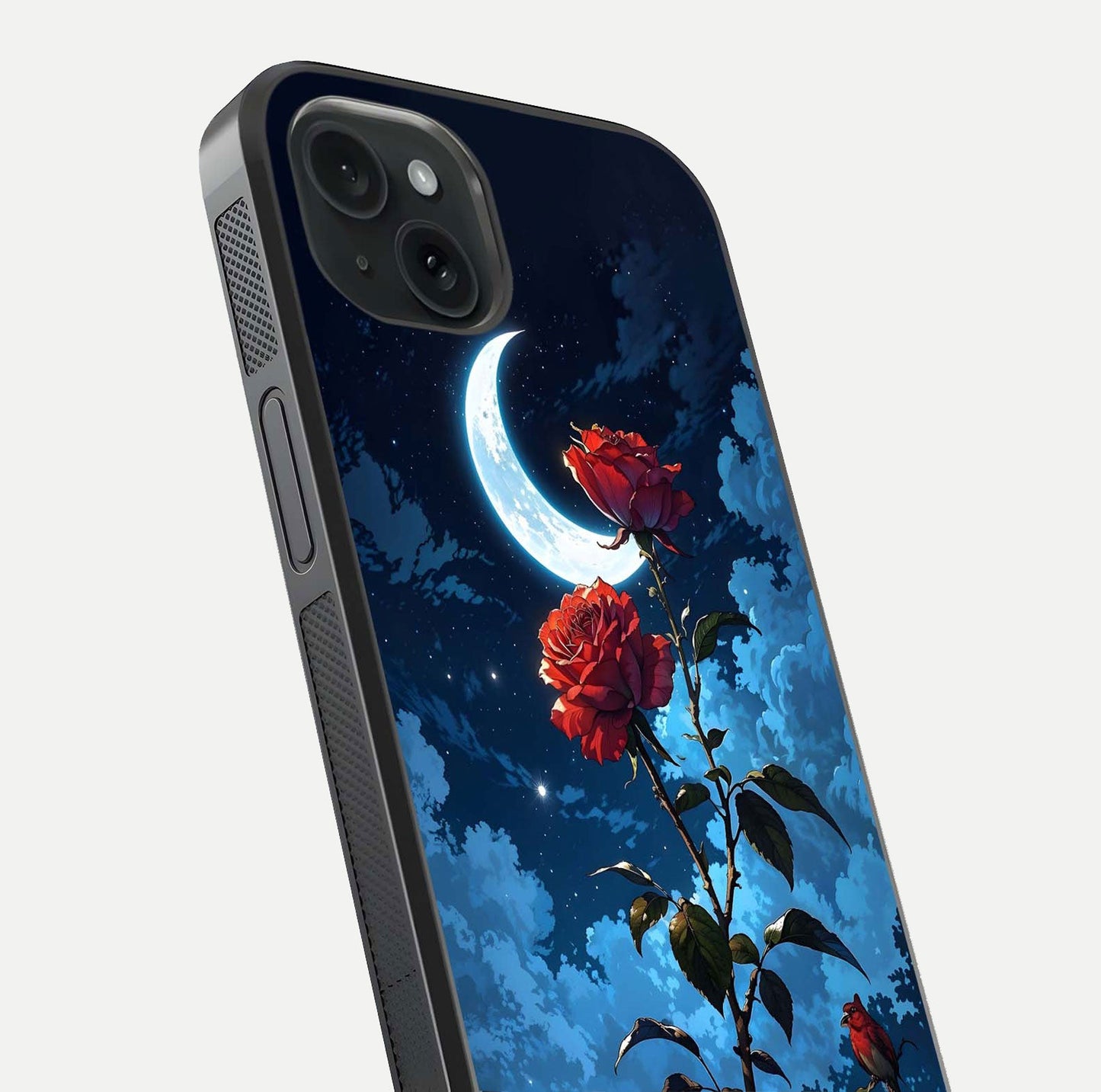 Crimson Rose Moon Glass Case for iPhone 15 Plus close-up showing rose detail and reflection highlight