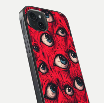 Crimson Watch Eyes Glass Case for iPhone 15 Plus close-up highlighting graphic detail and reflection