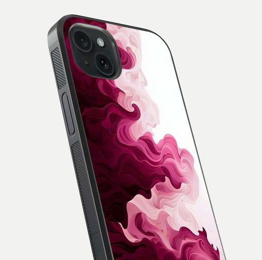 Crimson Wave Flow Glass Case for iPhone 15 Plus close-up highlighting flow texture and reflection tone