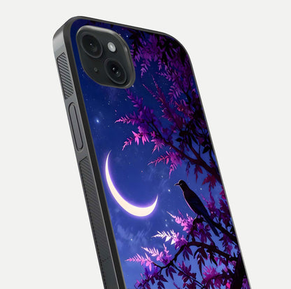 Crow & Moon Scenery Glass Case for iPhone 15 Plus close-up highlighting moon detail, dark tones, and glass reflection