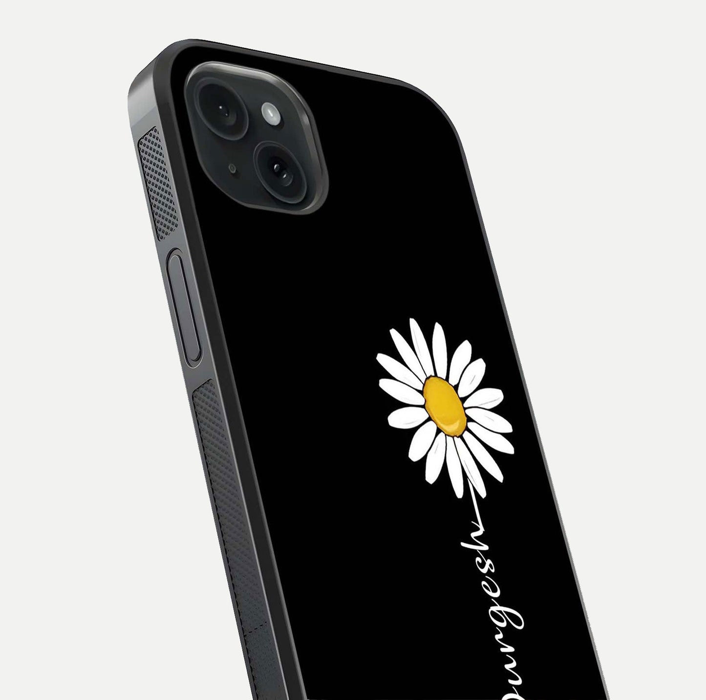 Custom Name White Flower Glass Case for iPhone 15 Plus close-up highlighting petals, name print, and reflection polish