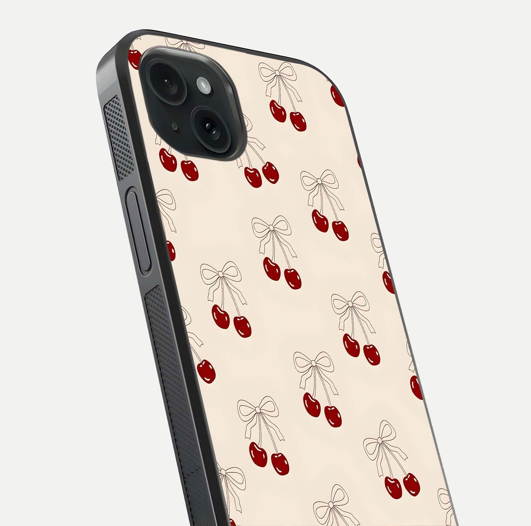 Cute Cherry Pattern Glass Case for iPhone 15 Plus close-up showing cherry cluster details and light reflection