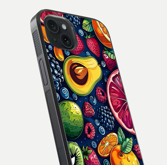 Cute Fruits Art Glass Case for iPhone 15 Plus close-up highlighting fruit shapes, color tones, and reflection polish