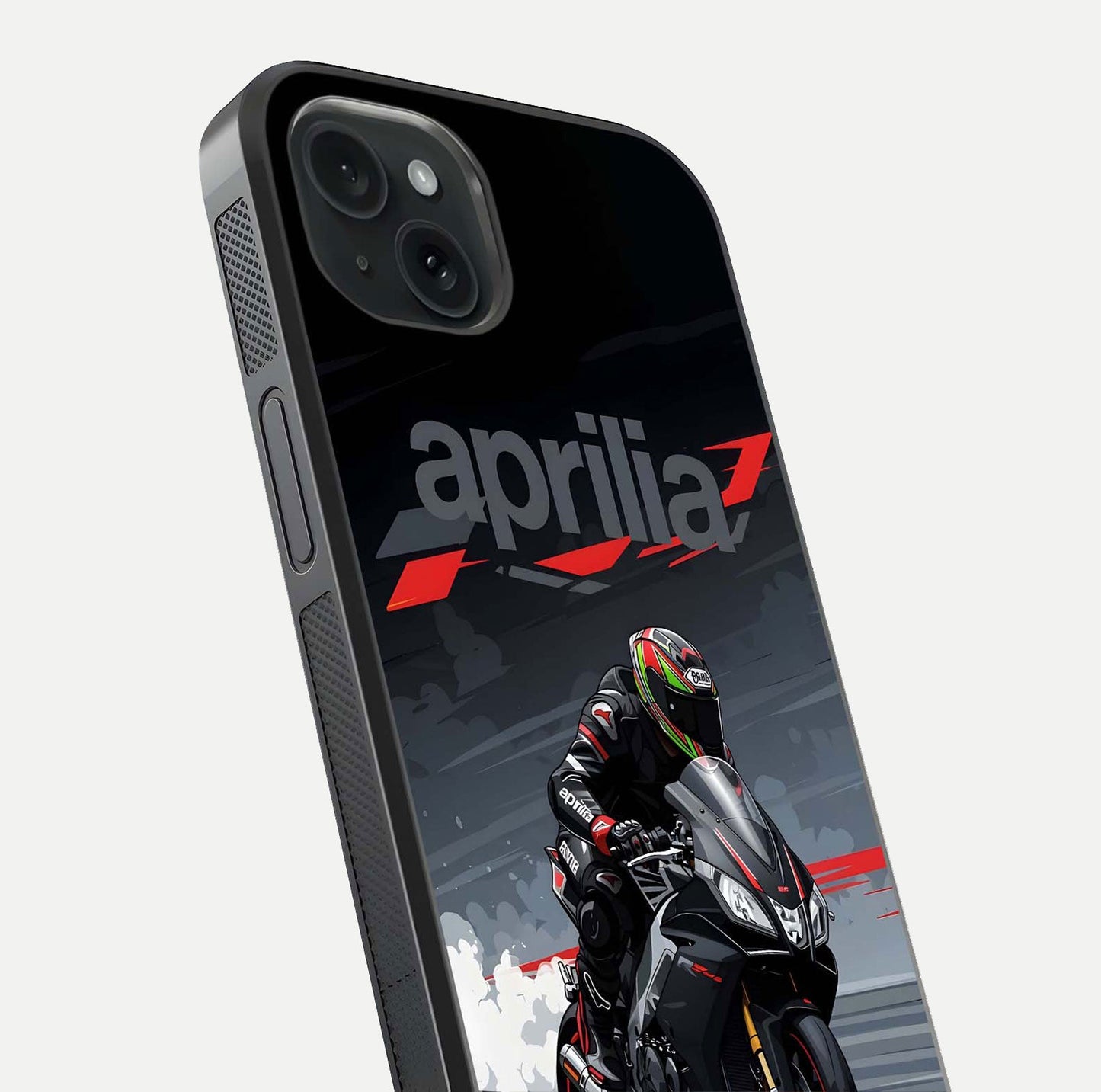 Dark Aprilla Glass Case for iPhone 15 Plus close-up highlighting detailing and reflection effect