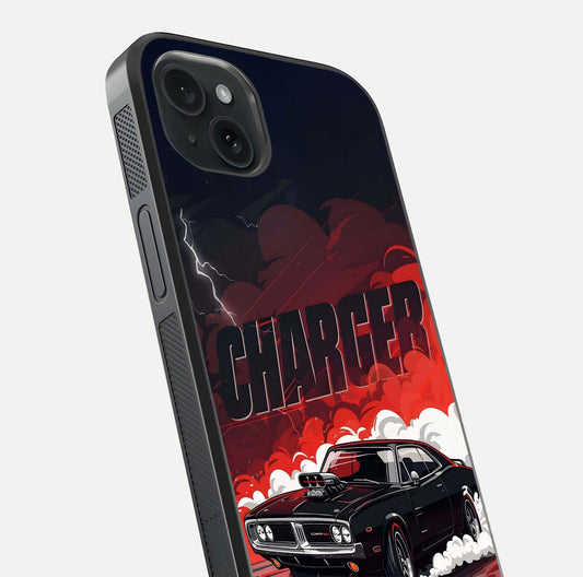 Dark Charger Fury Glass Case for iPhone 15 Plus close-up highlighting car reflection and light gloss
