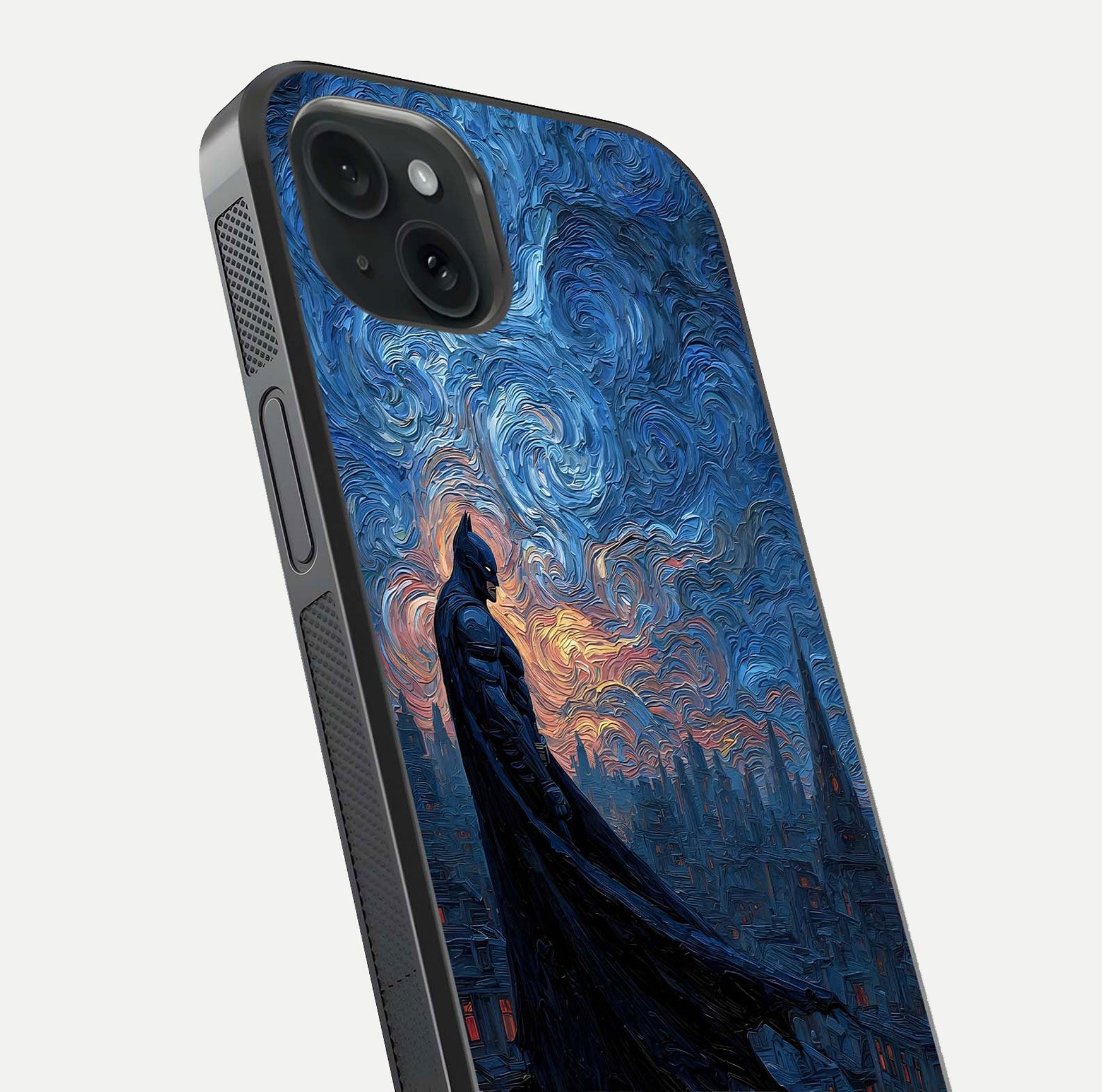 Dark Knight Dusk Glass Case for iPhone 15 Plus close-up highlighting dark suit texture and reflection detail