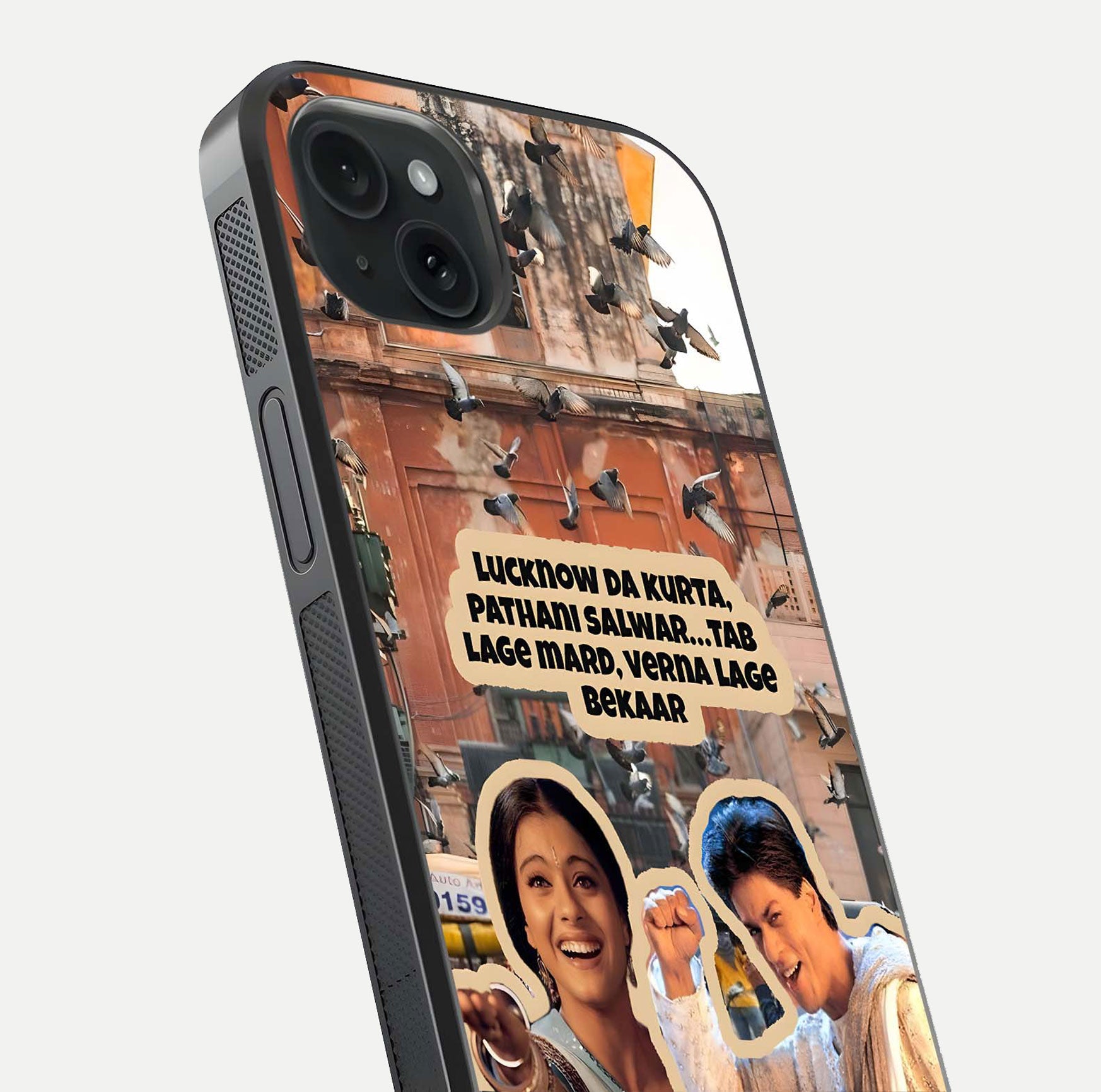 Desi Retro Vibes Glass Case for iPhone 15 Plus close-up highlighting retro color palette and reflection glow