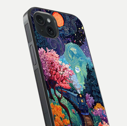 Digital Art Glass Case for iPhone 15 Plus close-up highlighting brush-stroke details and reflection polish