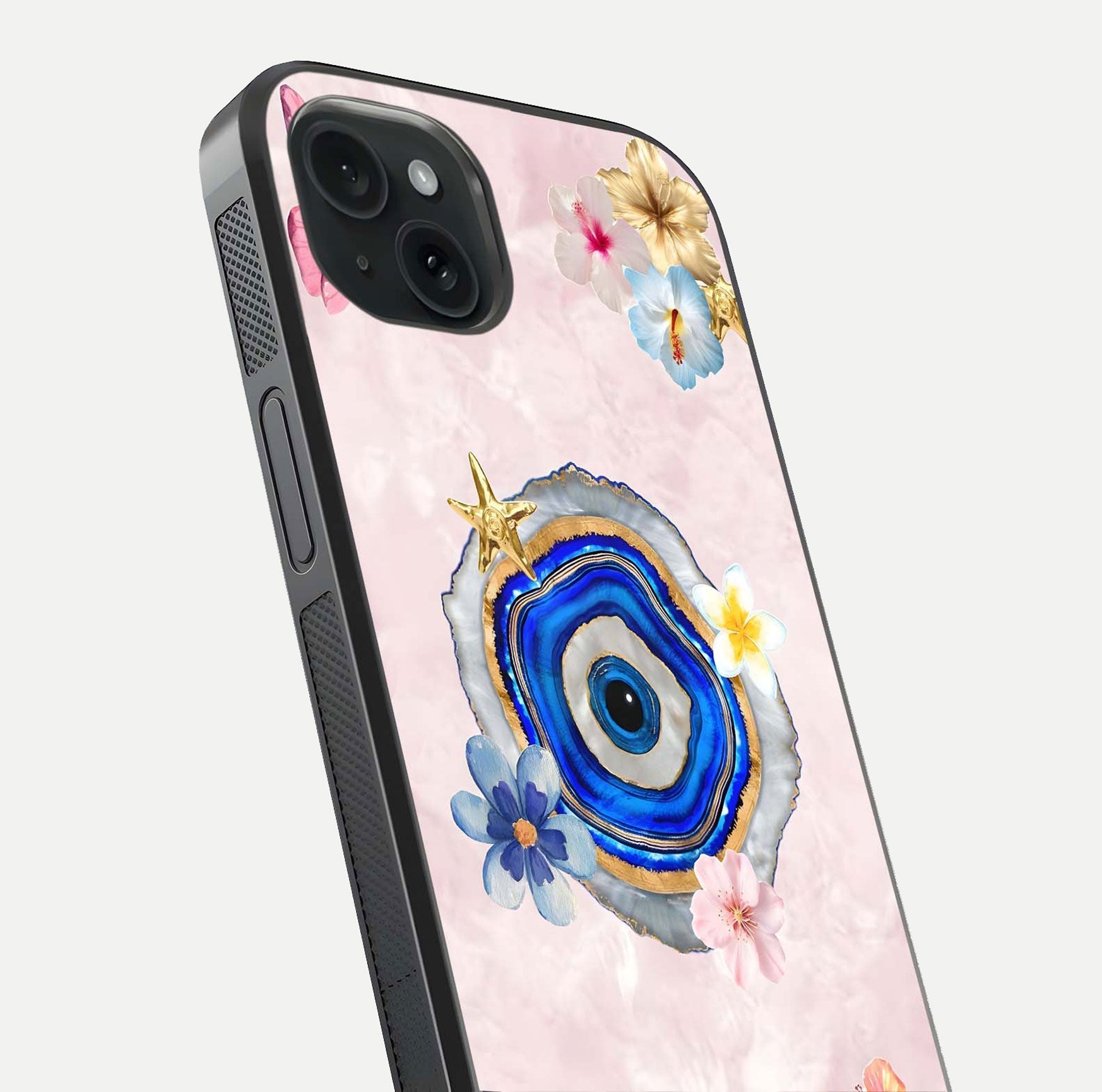 Divine Aura Bloom Glass Case for iPhone 15 Plus close-up highlighting flower glow and reflection tone